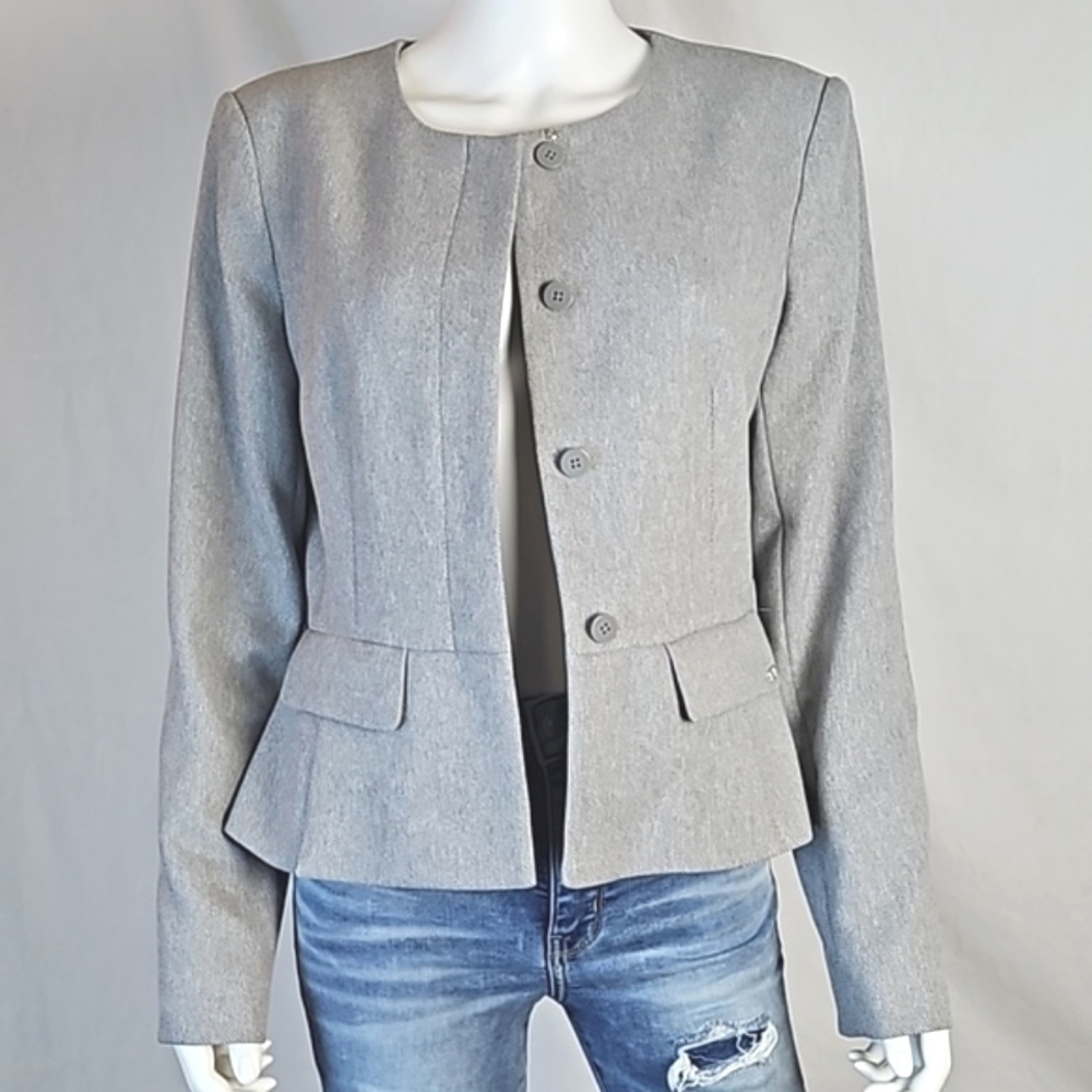 NWOT Calvin Klein Light Grey Round Neckline Long Sleeve Peplum Jacket Blazer